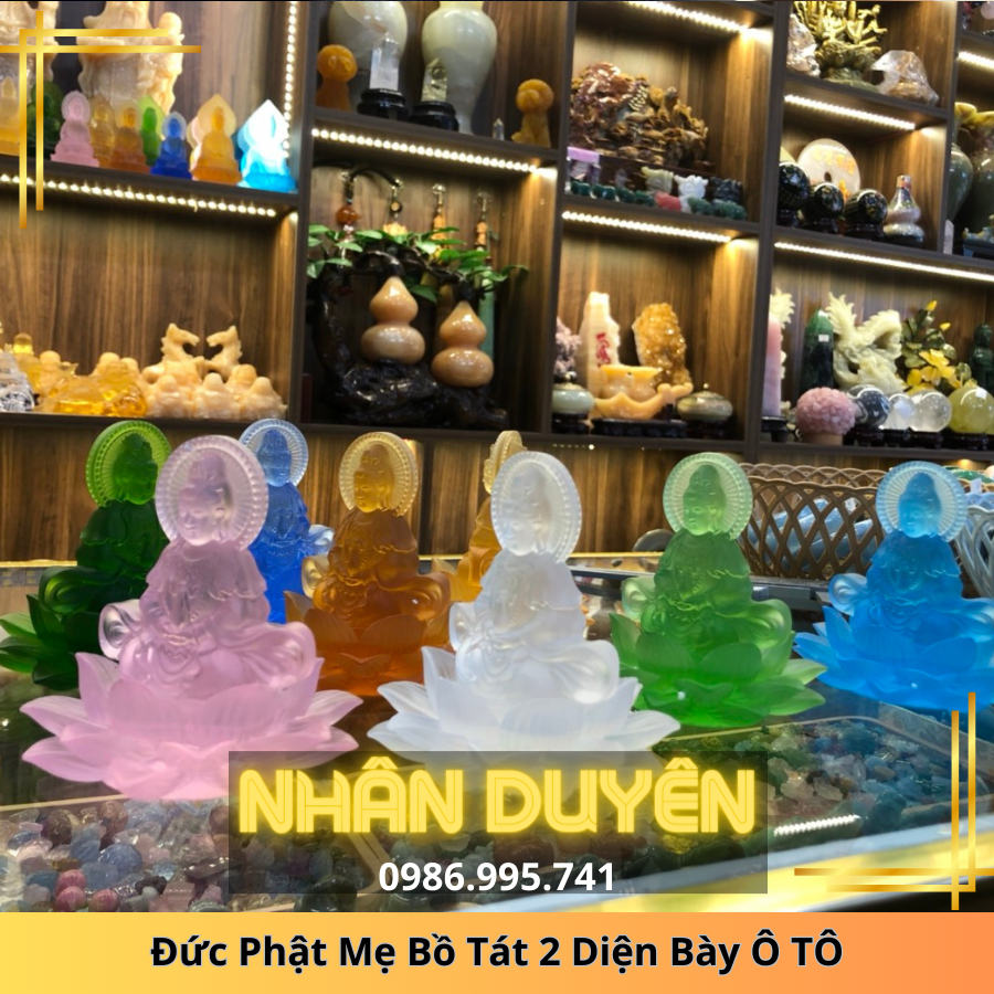 Tượng Phật Mẹ Quan ÂM Ngọc Lưu Ly 2 Mặt Để Xe ô tô cỡ 12cm kèm đế dán xe, cam kết đá thật