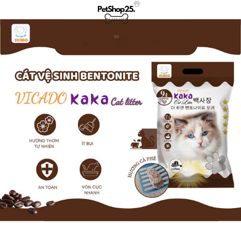 Cát vệ sinh  - Cát đất sét cho mèo siêu vón cục khử mùi không bên đáy Kaka cat litter hương cafe 9L - Petshop225