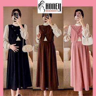 Đầm Bầu Váy Bầu Thu Đông Tay Dài Phong Cách Cổ Điển Vintage Cổ 3cm Vạt Xẻ Nữ Tính Đi Chơi Dự Tiệc HD4516 Honey Mommy