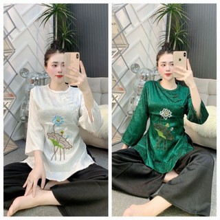 ..lam gấm cổ tròn tết bình thêu hoa sen/lam gấm thêu hoa sen