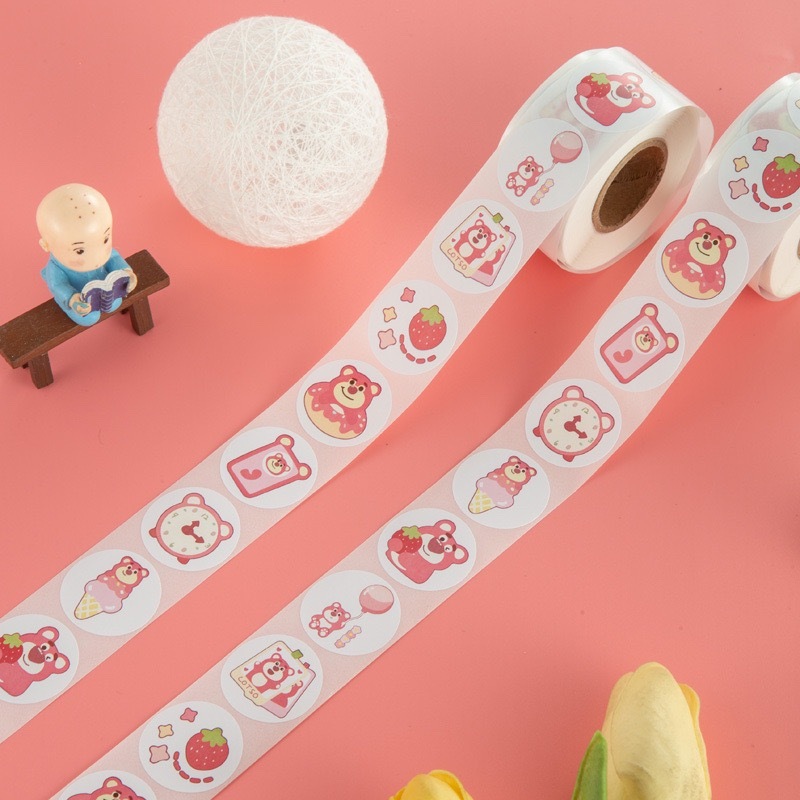 Tem dán Gấu dâu Lotso " Thank you" << 2.5CM, 500TEM/CUỘN_STICKER NIÊM PHONG HỘP GIẤY