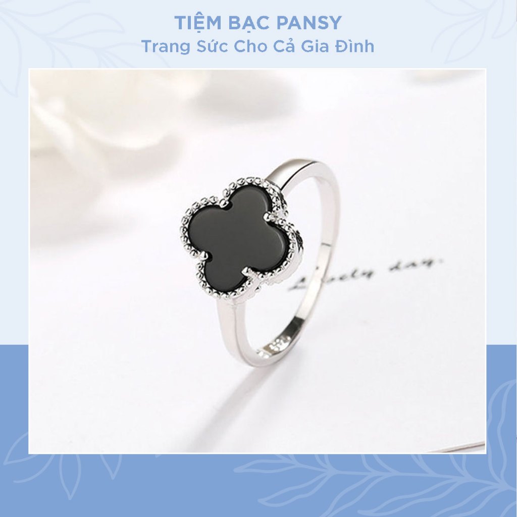 Nhẫn bạc nữ PANSY hoạ tiết cỏ 4 lá đính đá màu đen may mắn - Nhẫn nữ chất liệu bạc ta thật đẹp
