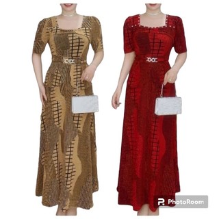 Đầm dạ hội trung niên đi tiệc thun kim sa phối sọc màu cổ vuông đính ngọc vạt áo che bụng size lớn 80kg, Đầm trung niên