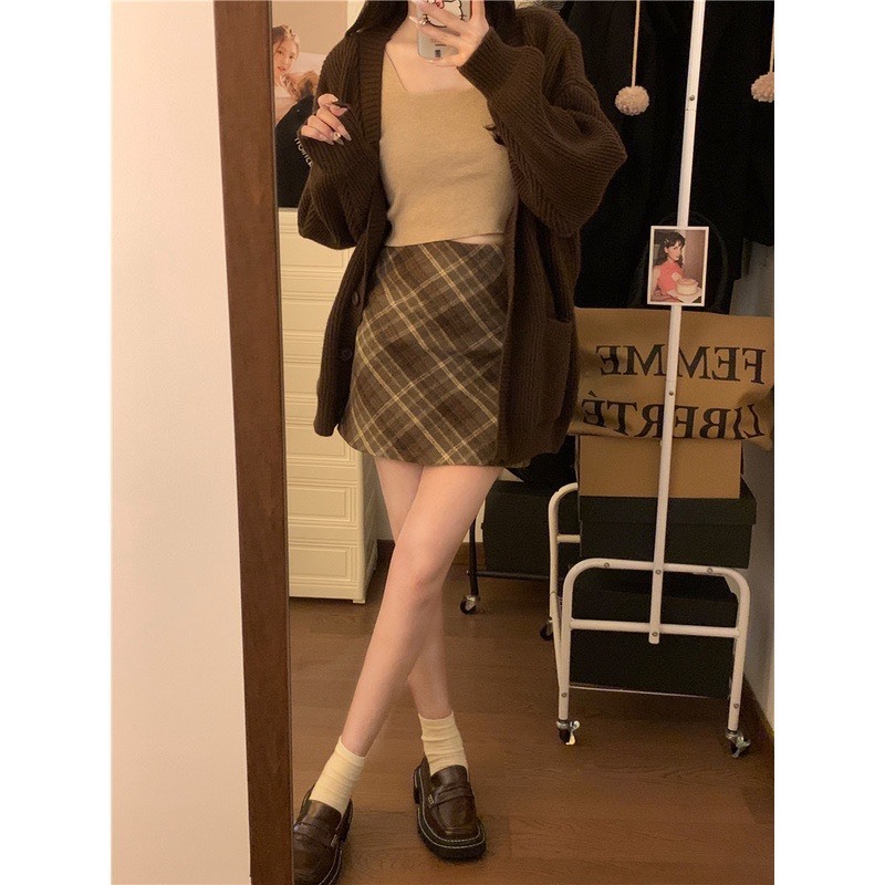 Chân váy dạ kẻ nâu 2 lớp ép dày dặn hàng QC tôn dáng