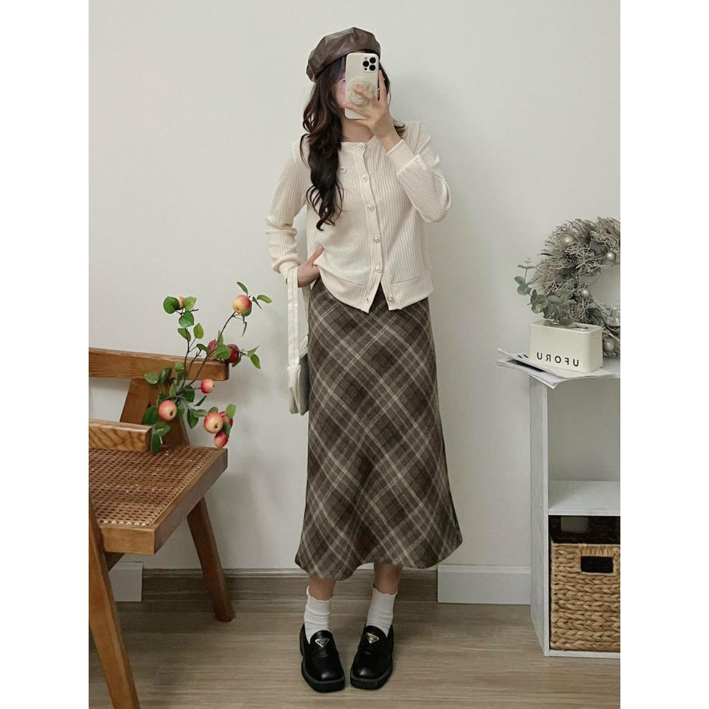 Chân váy dạ kẻ nâu 2 lớp ép dày dặn hàng QC tôn dáng