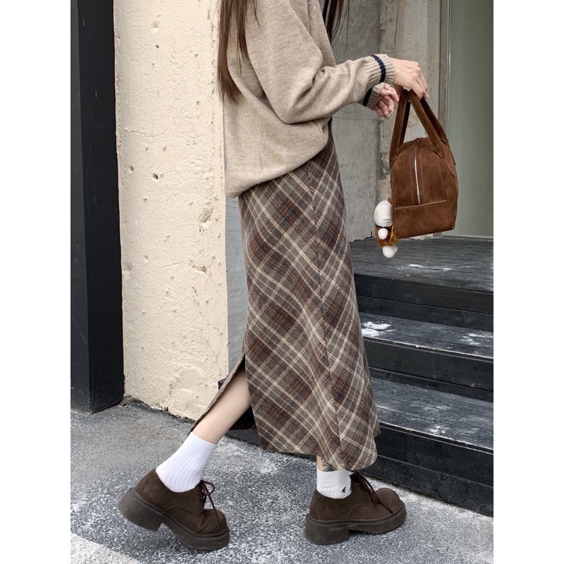 Chân váy dạ kẻ nâu 2 lớp ép dày dặn hàng QC tôn dáng