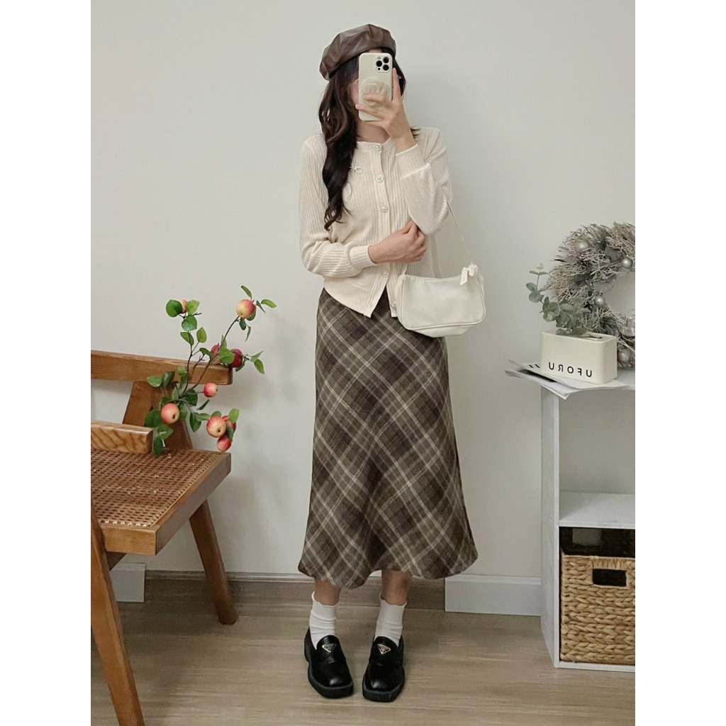 Chân váy dạ kẻ nâu 2 lớp ép dày dặn hàng QC tôn dáng