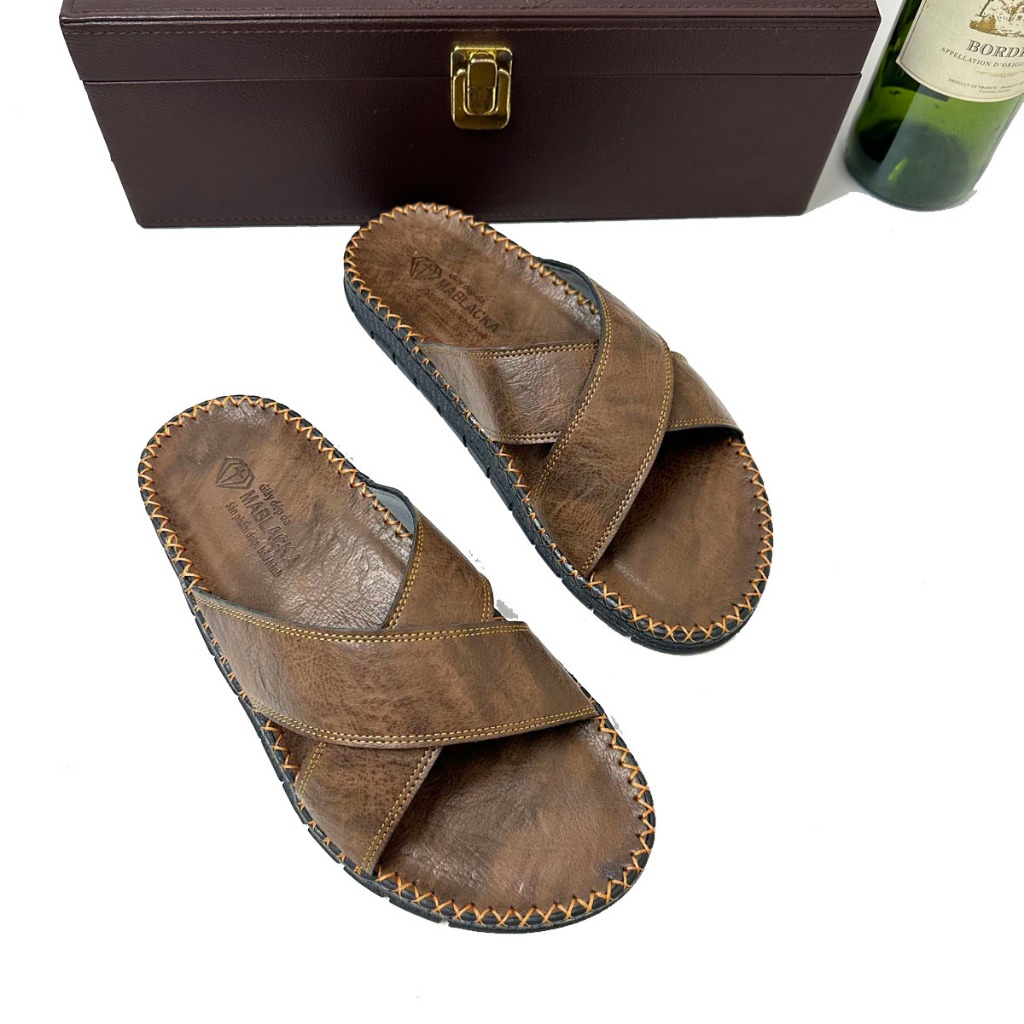 Dép da nam quai chéo da bò đế doctor cao 3cm,đẹp dành cho nam,trung niên hay công sở mang đều được - AT408