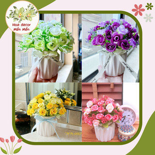 (Hàng đẹp- Cắm sẵn) Hoa hồng tỉ muội cực xinh đẹp, bình gốm sứ Bát Tràng - Hoa giả để bàn trang trí