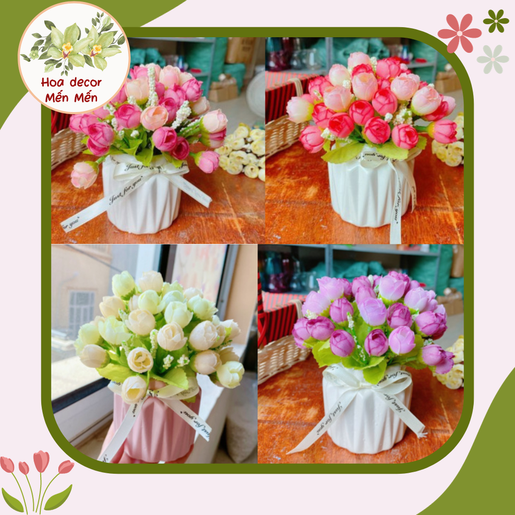 Hoa giả cắm sẵn 🌼 Chậu HOA HỒNG TRÀ BI cực dễ thương 🍀 Hoa giả decor để bàn hoadecormenmen