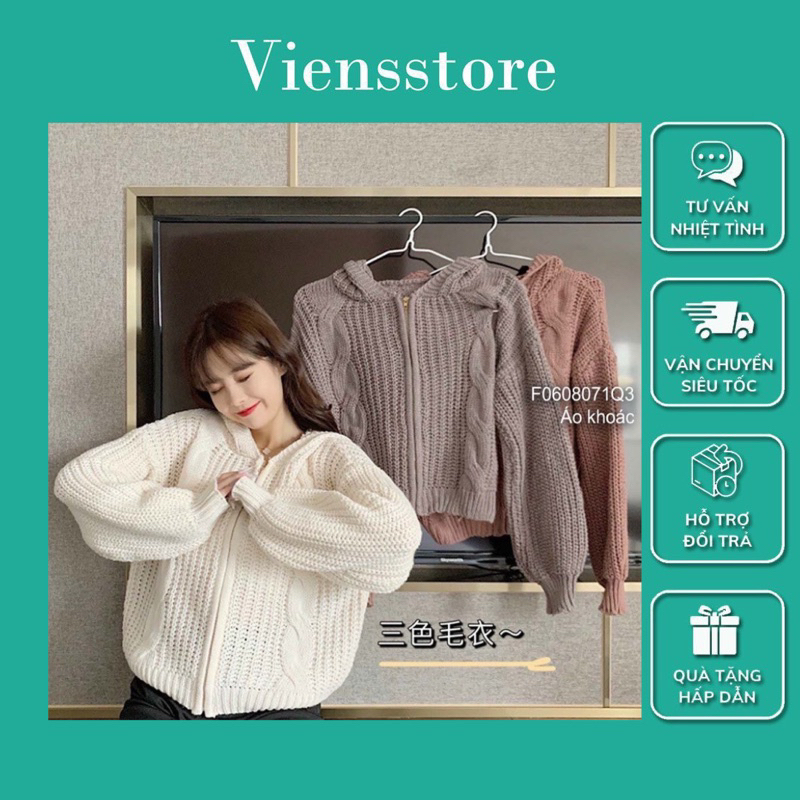 Áo khoác len có mũ chùm họa tiết thừng khóa kéo dễ thương VIENS STORE