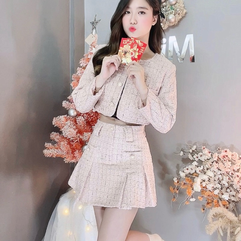 Set dạ áo khoác 2 túi + chân váy ly xoè