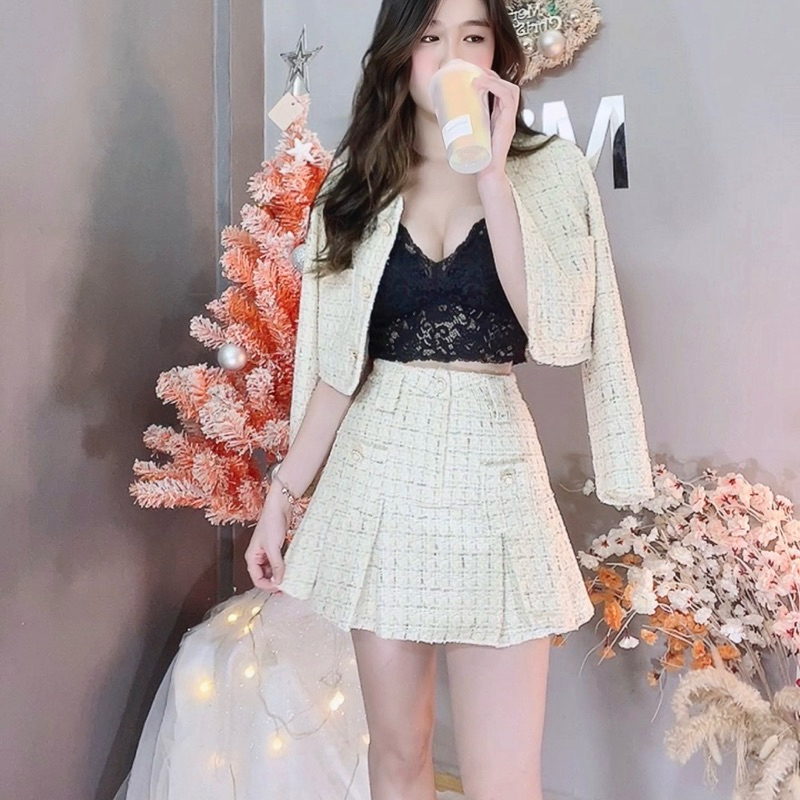 Set dạ áo khoác 2 túi + chân váy ly xoè