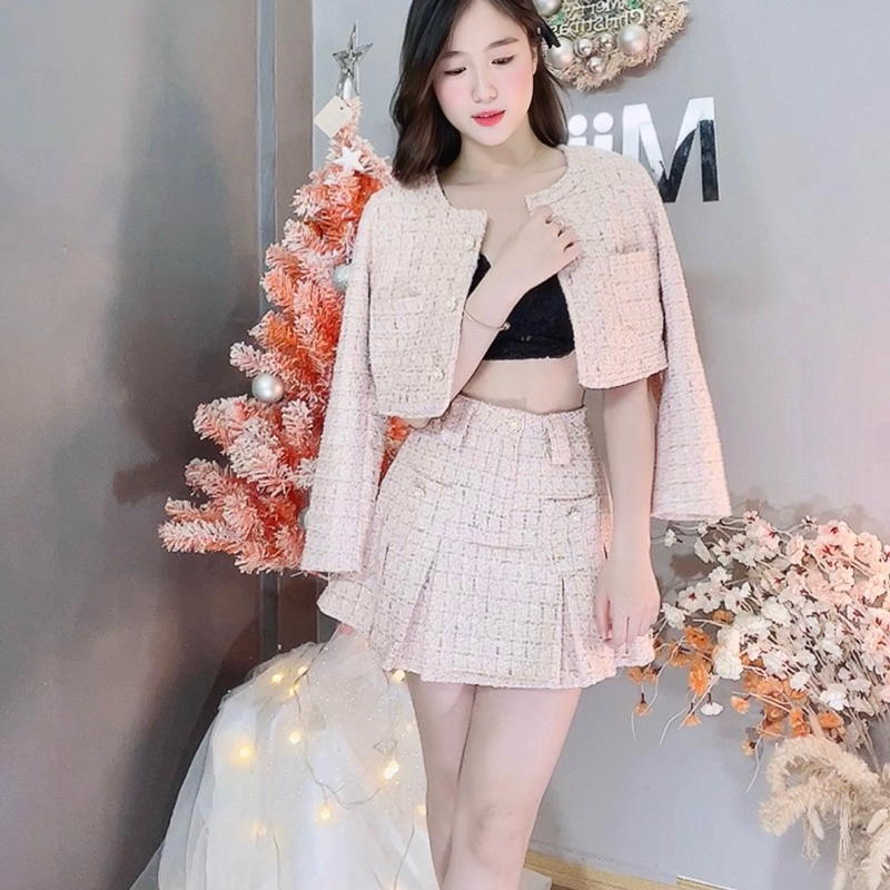 Set dạ áo khoác 2 túi + chân váy ly xoè