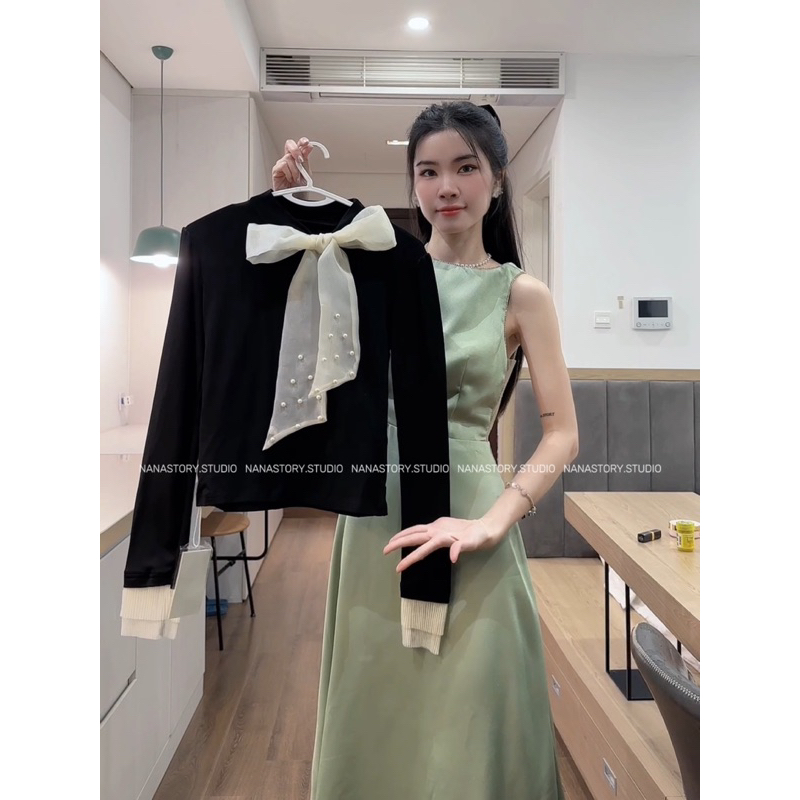 Áo Thun Lót Nỉ Phối Nơ Tay Voan Nữ Tính