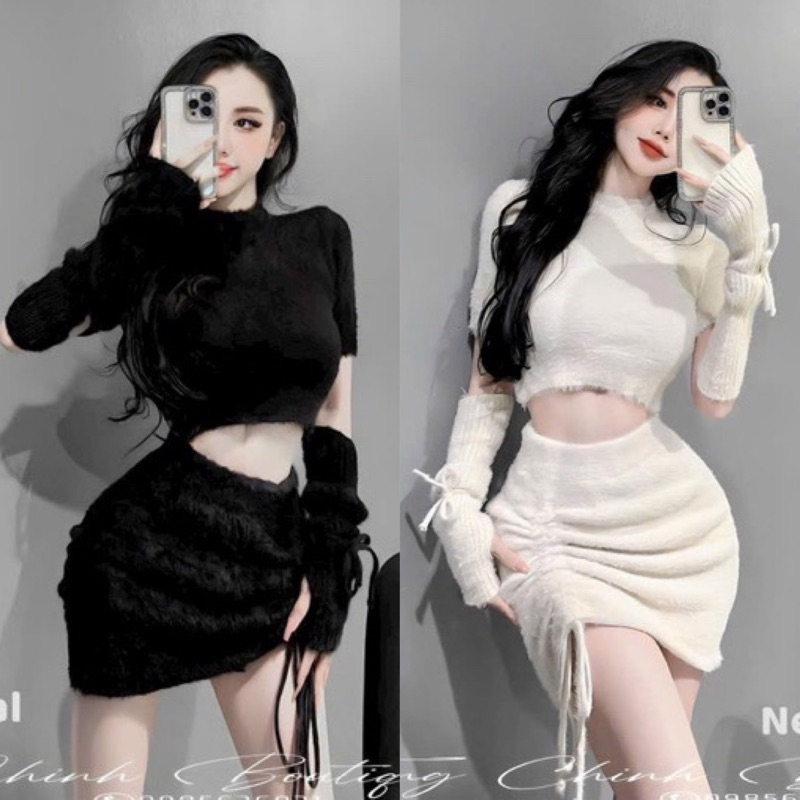 Set Bộ Lông Vũ Mịn Áo Cổ Lọ Tay Ngắn Croptop + Chân Váy A Rút