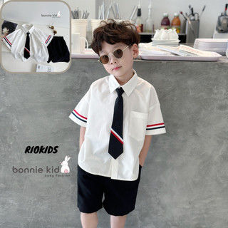 [8-27kg] Bộ quần áo bé trai BONNIE, áo sơ mi cà cộc tay cà vạt quần đùi cho bé đi chơi đi học BE48