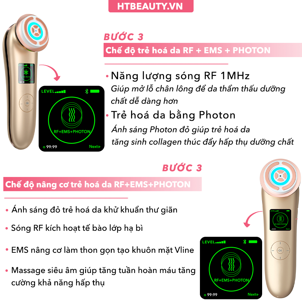 Máy đẩy tinh chất nâng cơ mặt trẻ hóa da đa năng 9in1 NanoTime F81e HT Beauty, App Nâng cơ mặt EMS và Ánh sáng Photon