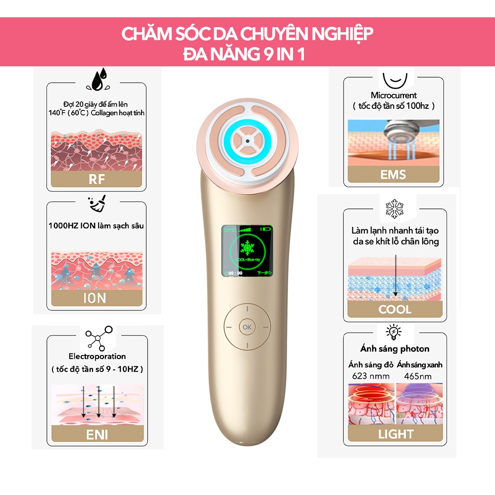 Máy đẩy tinh chất nâng cơ mặt trẻ hóa da đa năng 9in1 NanoTime F81e HT Beauty, App Nâng cơ mặt EMS và Ánh sáng Photon