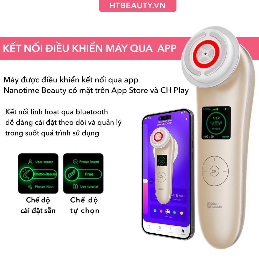 Máy đẩy tinh chất nâng cơ mặt trẻ hóa da đa năng 9in1 NanoTime F81e HT Beauty, App Nâng cơ mặt EMS và Ánh sáng Photon