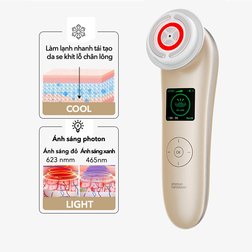 Máy đẩy tinh chất nâng cơ mặt trẻ hóa da đa năng 9in1 NanoTime F81e HT Beauty, App Nâng cơ mặt EMS và Ánh sáng Photon