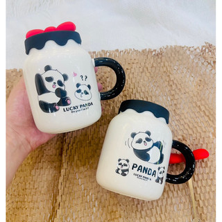 Ly sứ hình gấu trúc Panda dễ thương, CÓ NẮP và THÌA dung tích 420ml, cốc sứ quà tặng thông điệp cuộc sống ý nghĩ