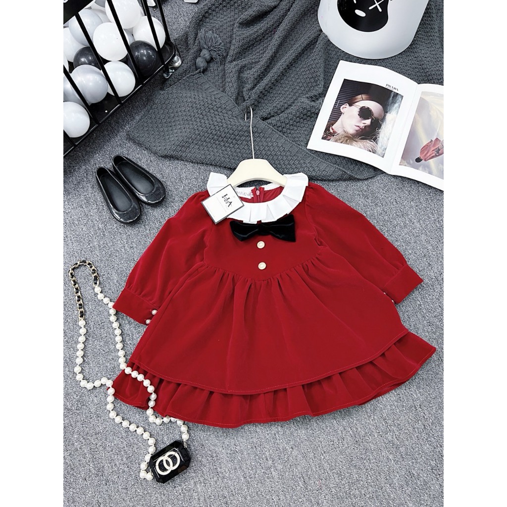 Váy công chúa nhung xòe 2 tầng phối cổ bèo xinh cho bé gái, váy noel cho bé 10 - 24kg SHOP MẸ MIU