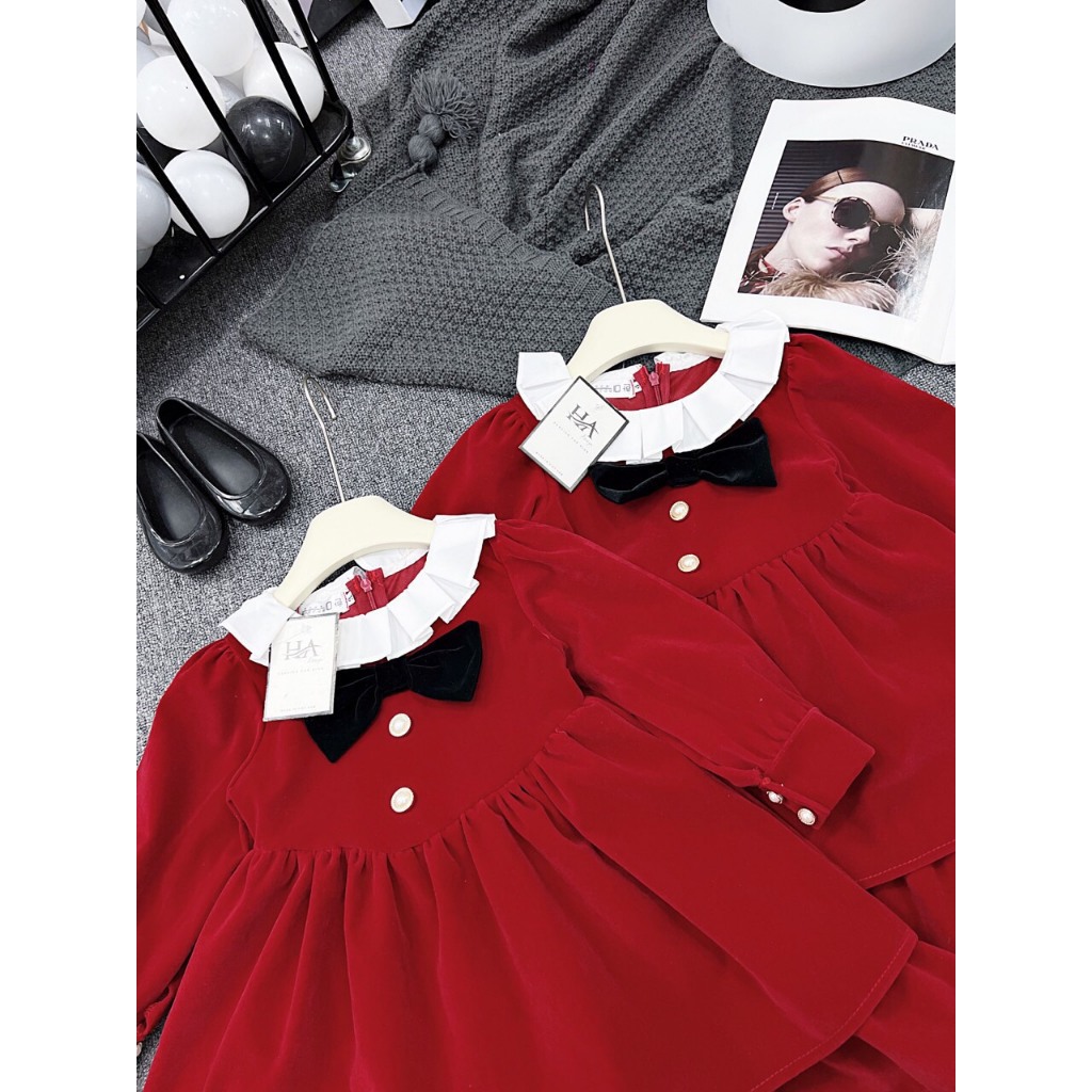 Váy công chúa nhung xòe 2 tầng phối cổ bèo xinh cho bé gái, váy noel cho bé 10 - 24kg SHOP MẸ MIU