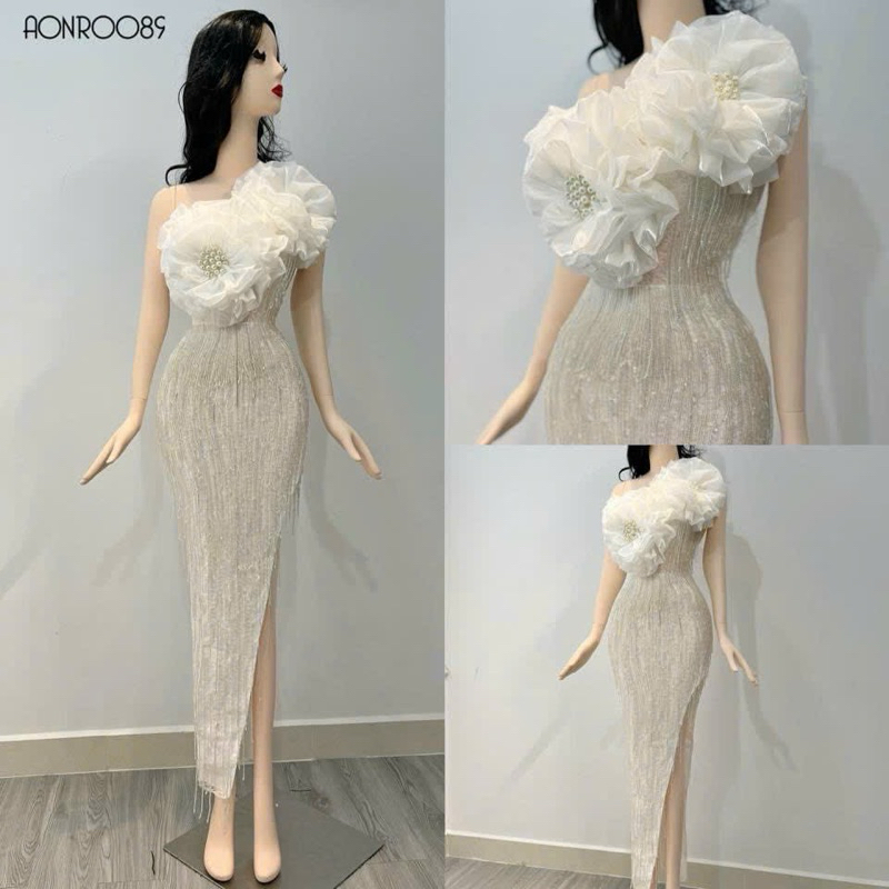 Đầm body dự tiệc lệch vai đính hoa phối tua rua - size S/M/L