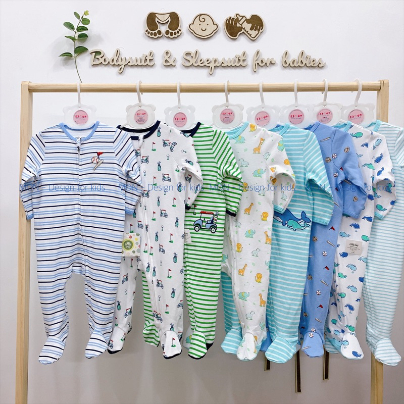 Sleepsuit hàng xuất LITTLE.ME vải 100% cotton, bộ body dài tay liền tất xuất dư cho bé