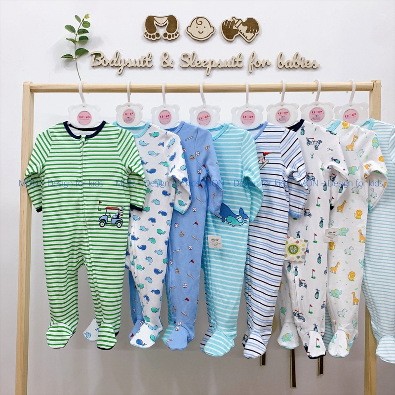 Sleepsuit hàng xuất LITTLE.ME vải 100% cotton, bộ body dài tay liền tất xuất dư cho bé