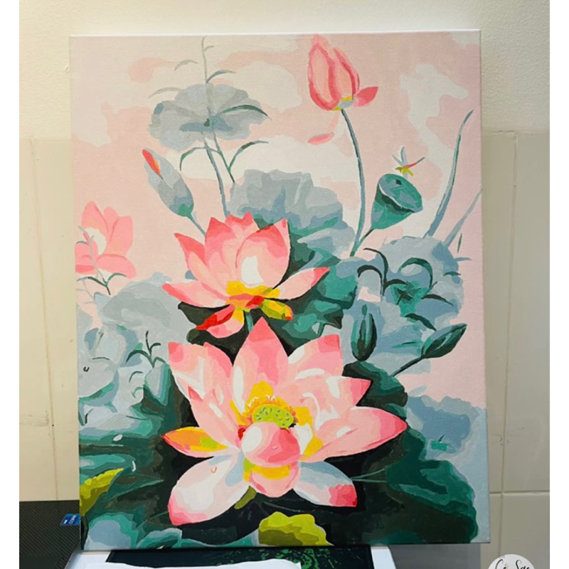 Tranh sơn dầu số hoá tự tô DIY khổ 40x50cm đã căng khung- Hoa sen nhiều mẫu