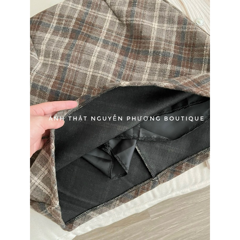 Chân váy dạ kẻ nâu 2 lớp ép dày dặn hàng QC tôn dáng