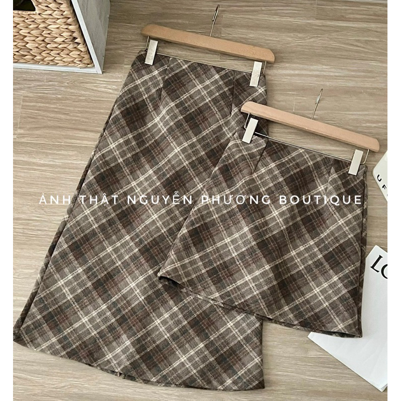 Chân váy dạ kẻ nâu 2 lớp ép dày dặn hàng QC tôn dáng