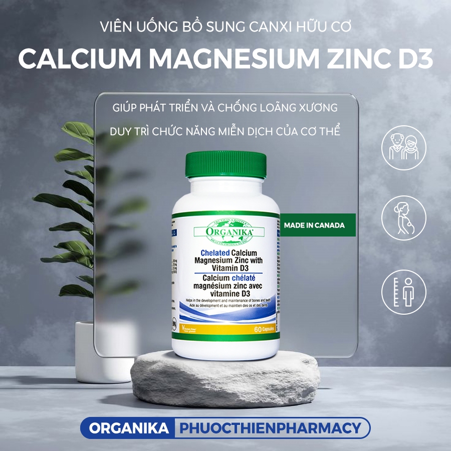 Canxi hữu cơ cho bà bầu, người lớn Organika Calcium Magnesium Zinc D3 lọ 60 viên - tăng chiều cao cho bé