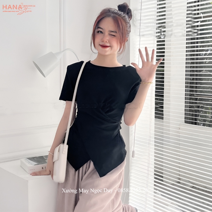 Áo thun nữ nhún eo vạt chéo hai bên tay ngắn cổ tròn mặc đi học công sở ở nhà chất vải thun tăm co giãn nhẹ thoải mái