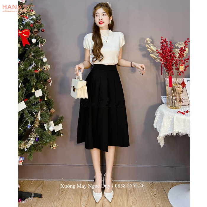 Chân váy xòe dài qua gối cạp cao 12 mảnh khóa sườn dáng chân váy xếp ly công sở lưng cao đi học vải tuyết mưa dày dặn