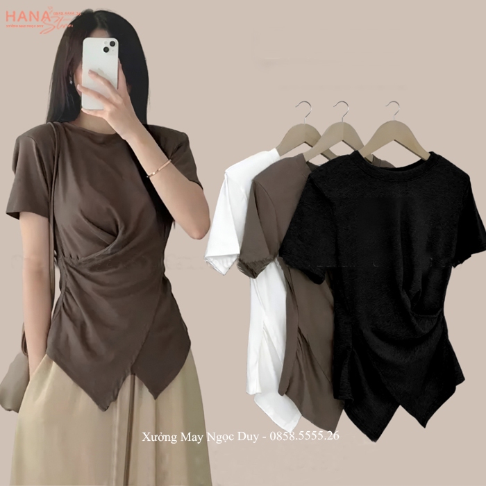 Áo thun nữ nhún eo vạt chéo hai bên tay ngắn cổ tròn mặc đi học công sở ở nhà chất vải thun tăm co giãn nhẹ thoải mái