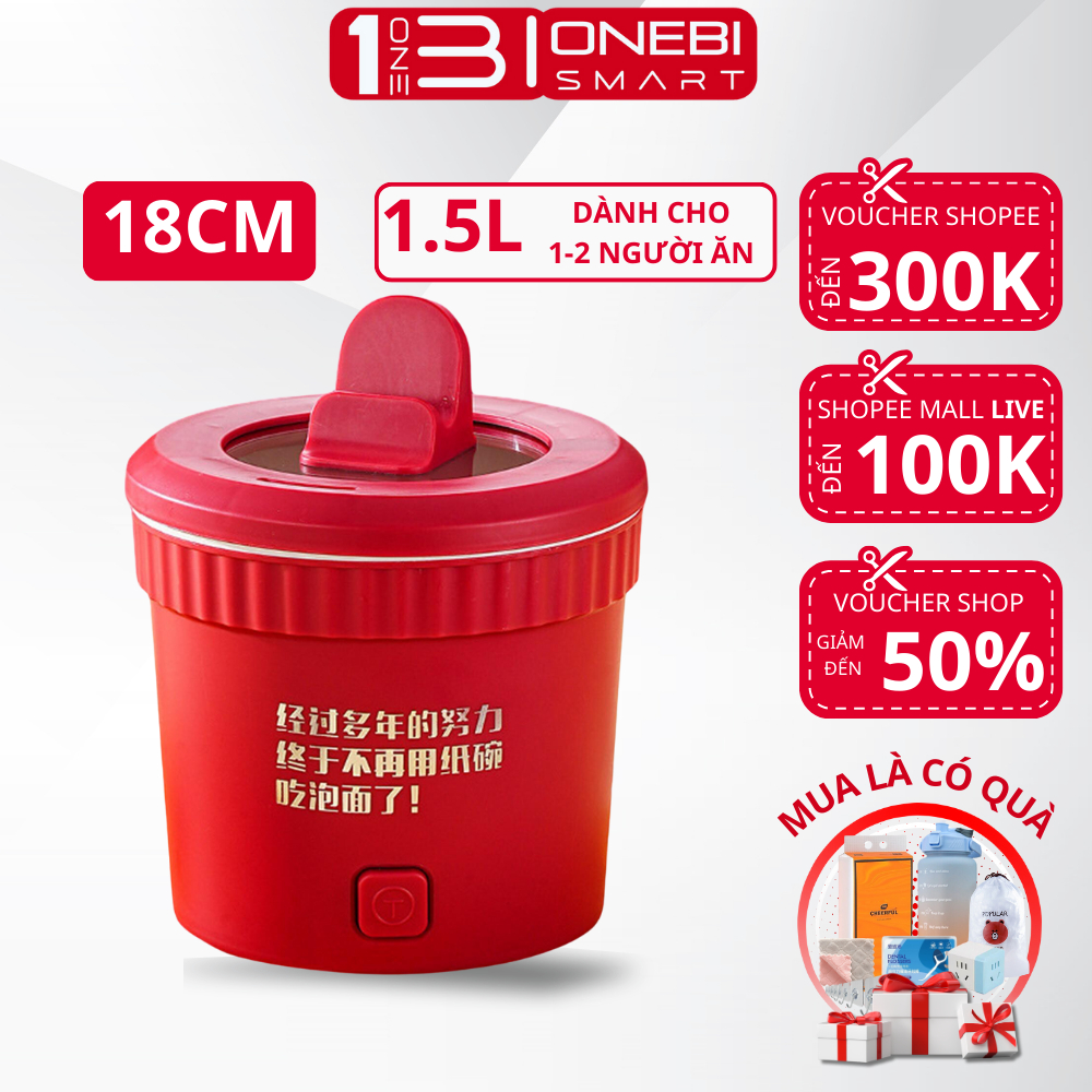 Nồi Lẩu Điện Mini Chống Dính ONEBI Vân Đá Dung Tích 1L Nắp Có Giá Đỡ Điện Thoại