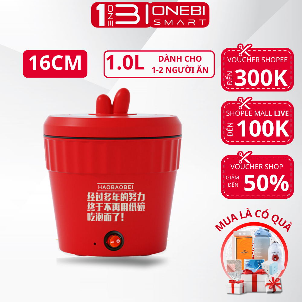 Nồi Lẩu Điện Mini Chống Dính ONEBI Vân Đá Dung Tích 1L Nắp Có Giá Đỡ Điện Thoại
