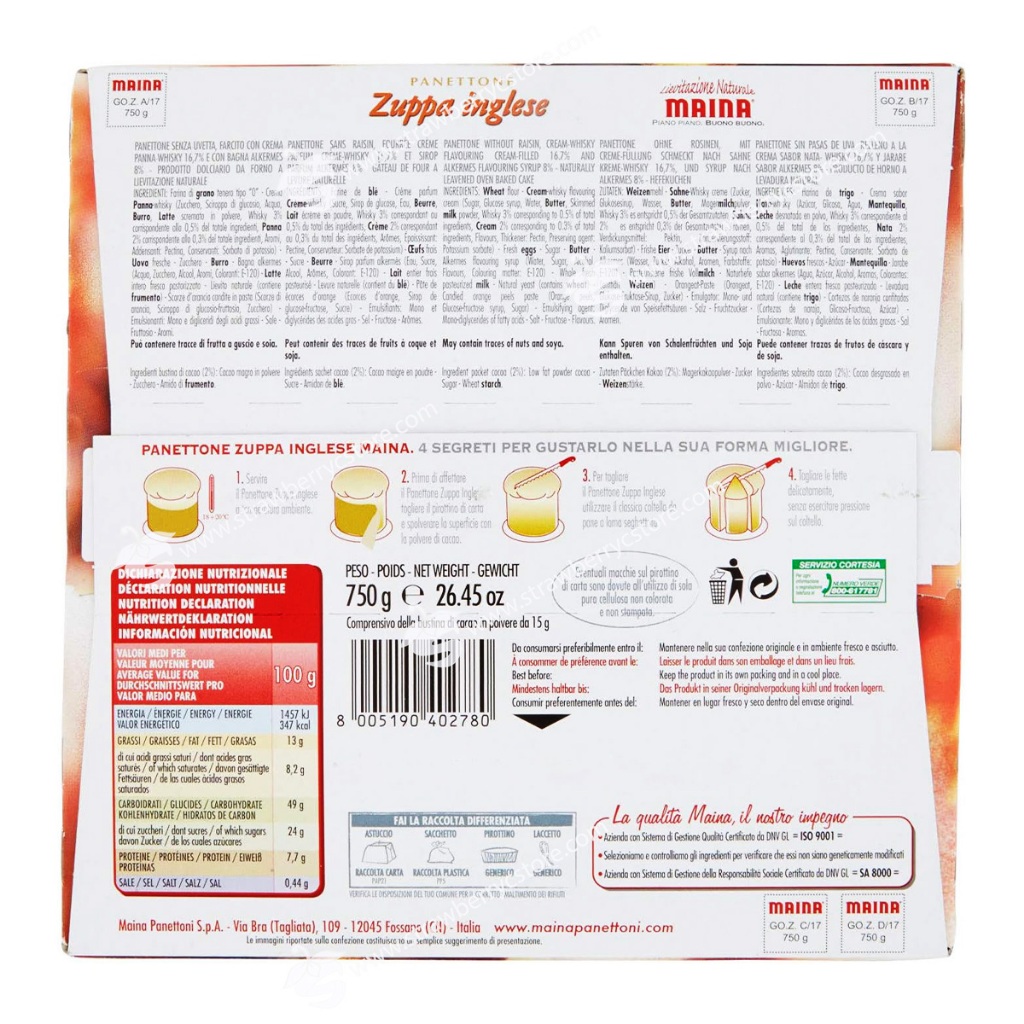 Bánh Mì Ngọt Trái Cây Ý Maina Il Golosone Panettone Zuppa Inglese, Hộp 750g