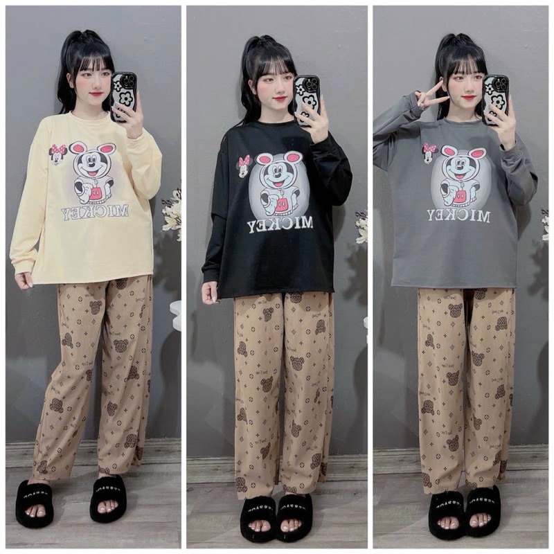 Bộ Da Cá Mickey Quần Nhung Gấu Cho Mẹ Bầu Thu Đông