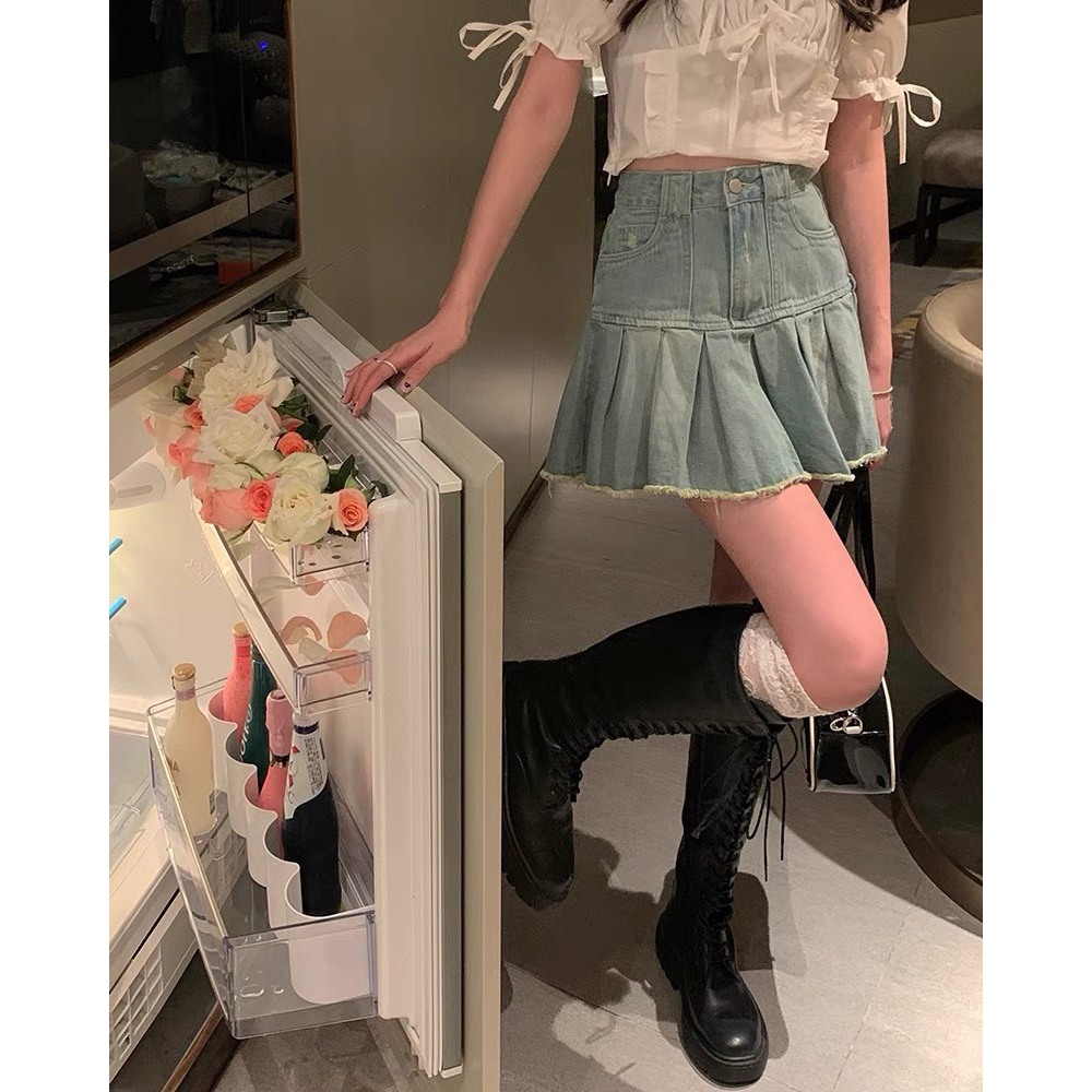 Chân váy jeans tua rua, Chân bò nữ cạp cao phong cách phong cách ND30