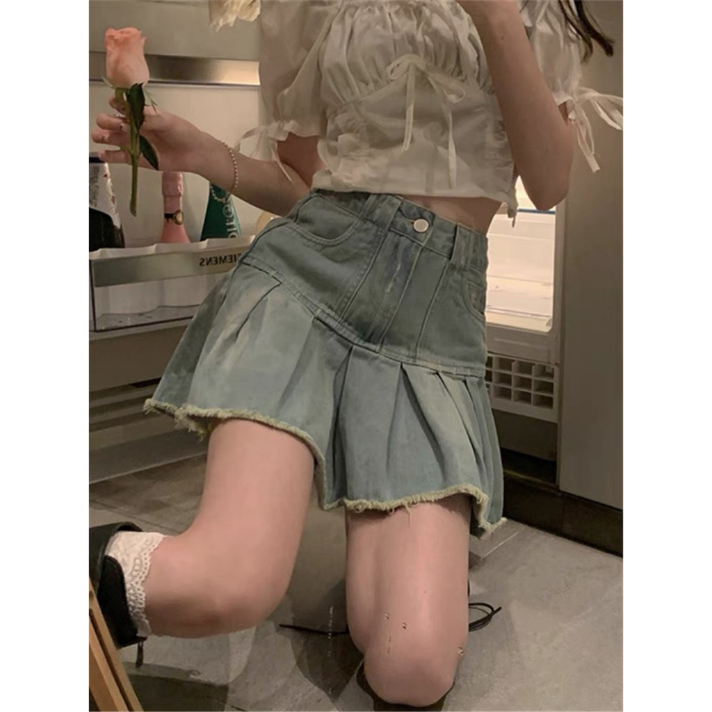 Chân váy jeans tua rua, Chân bò nữ cạp cao phong cách phong cách ND30