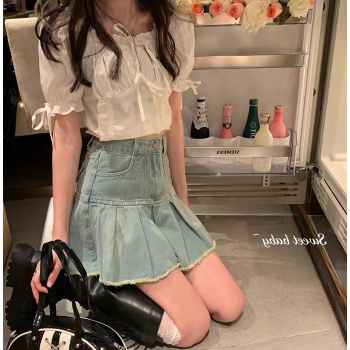 Chân váy jeans tua rua, Chân bò nữ cạp cao phong cách phong cách ND30