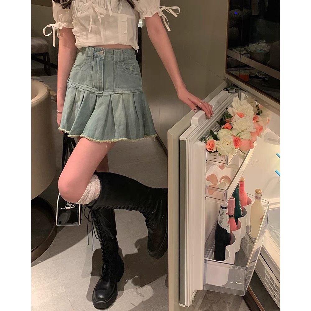 Chân váy jeans tua rua, Chân bò nữ cạp cao phong cách phong cách ND30