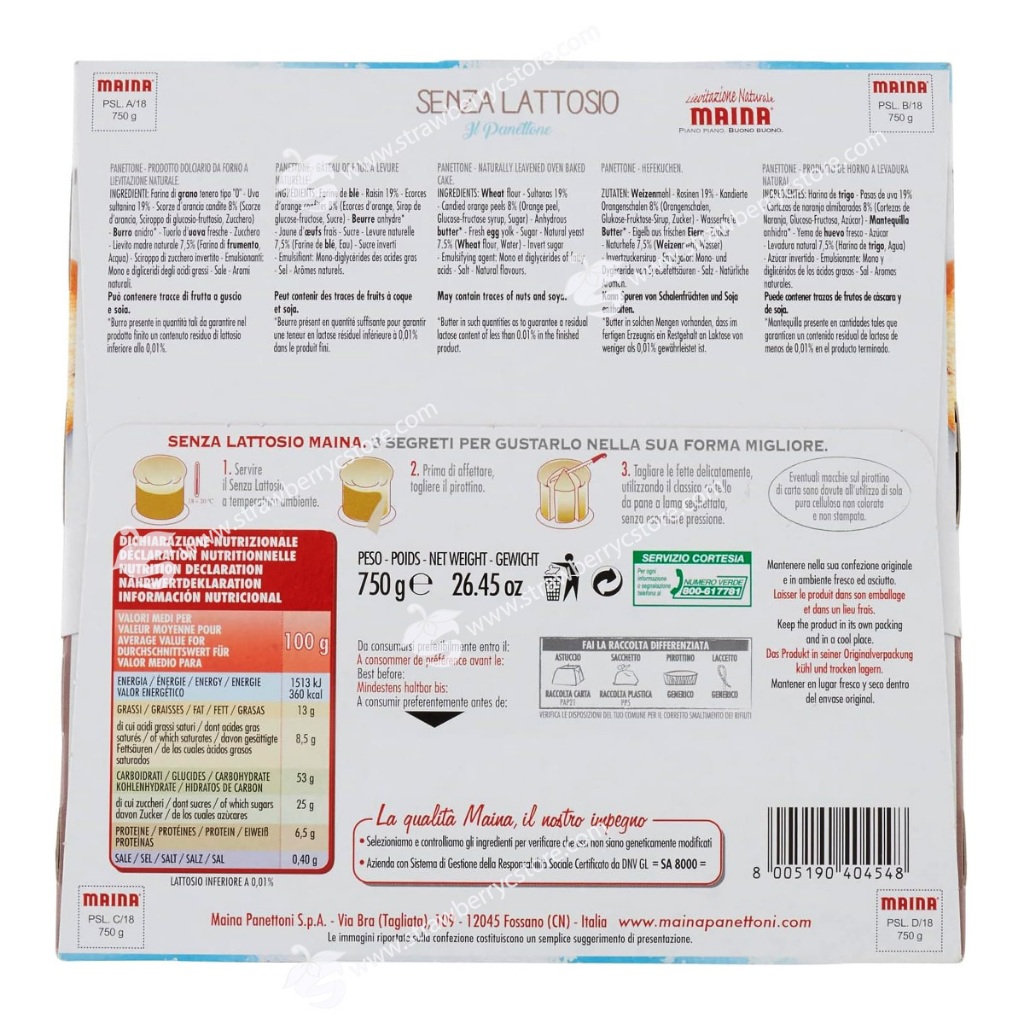 Bánh Mì Ngọt Trái Cây Ý Maina Panettone Senza Lattosio, Hộp 750g