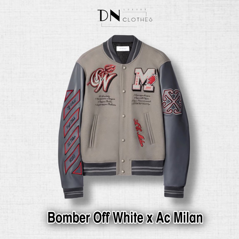 ⚜️[Cao cấp - Loại 1] Áo Khoác Bomber Off White X Ac Milan - Áo Bomber Nam Nữ Chất Nỉ Siêu Mịn Phối Da Cao Cấp