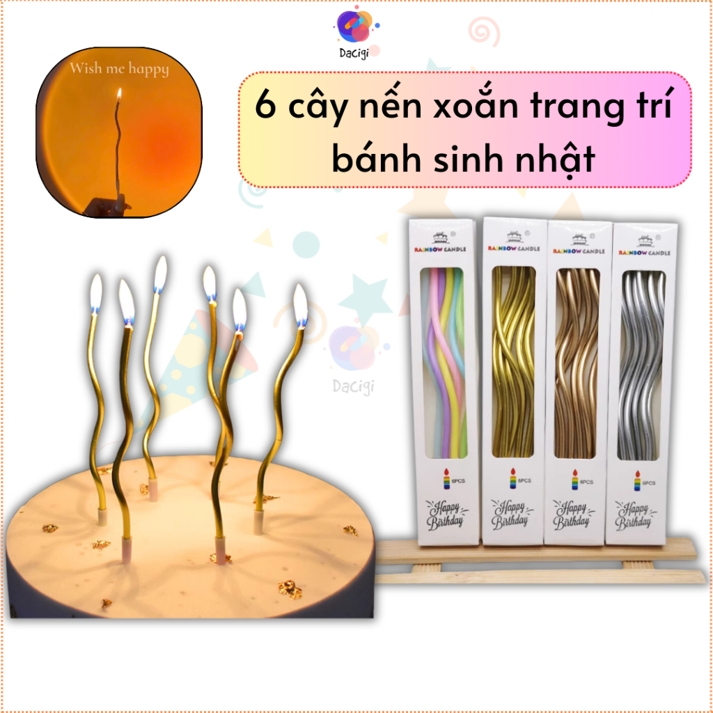 Nến sinh nhật, nến xoắn trang trí bánh sinh nhật, nến sáp trang trí bánh kem, hộp 6 cây nến xoắn - Dacigi