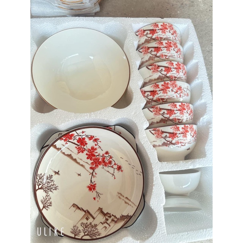 Bộ bát đĩa hoa đào gốm sứ cực đẹp
